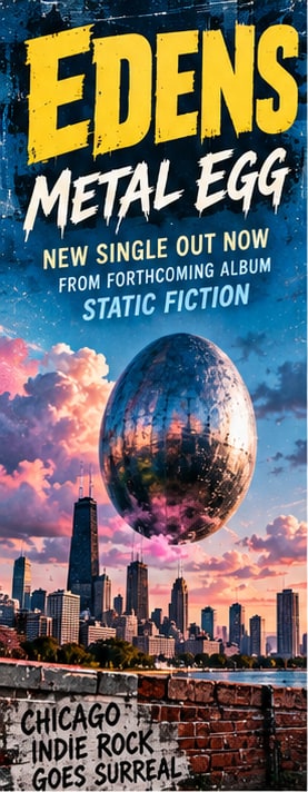 Giant metallic egg floating above the Chicago skyline at sunset for Edens single Metal Egg from Static Fiction.
