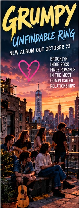 Brooklyn indie band Grumpy gathered on a Bushwick rooftop at sunset overlooking the New York City skyline for Unfindable Ring.