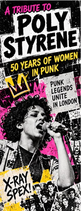 Punk singer performing at microphone with crown graphic and X-Ray Spex logo for Poly Styrene 50 Years of Women in Punk tribute.